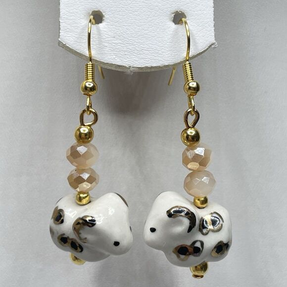 Artisan Ceramic Ram Gold Crystal Glass Beaded Earrings Dangle Gold Tone Unique - Picture 1 of 7